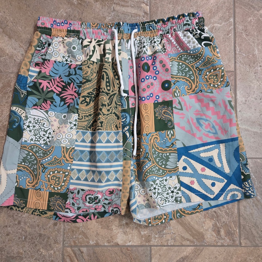 ROMWE Men Patchwork Print Elastic Waist Drawstring Shorts‎ L